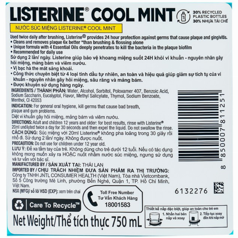 Biểu đồ hoặc danh sách minh họa các thành phần chính và vai trò của chúng trong nước súc miệng Listerine 750ml